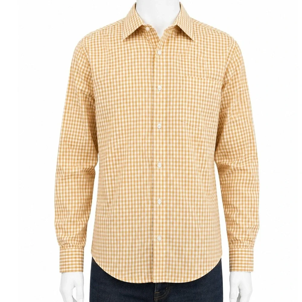 Banana Republic Mens Slim Fit Non Iron Yellow White Gingham Button Down Shirt L